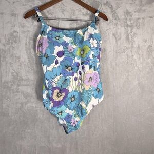 Leilani Floral One-Piece Swimsuit Blue Purple Green Print Size 12 NWT